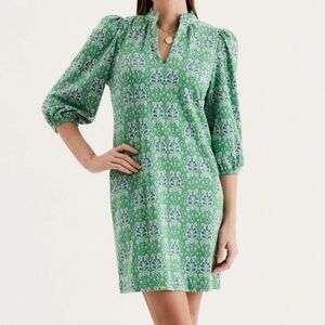 Tyler Boe Sherri Green Blue Printed Knit Shift Dress Puff Sleeve Size M